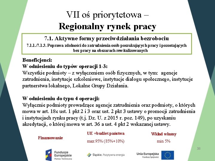 VII oś priorytetowa – Regionalny rynek pracy 7. 1. Aktywne formy przeciwdziałania bezrobociu 7.