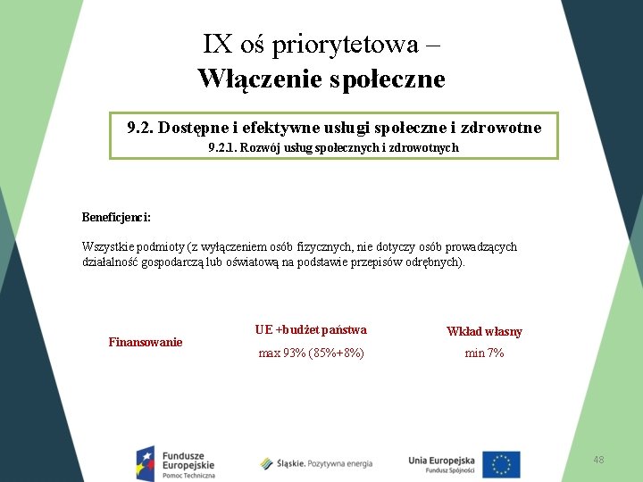 IX oś priorytetowa – Włączenie społeczne 9. 2. Dostępne i efektywne usługi społeczne i