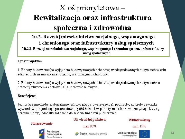 X oś priorytetowa – Rewitalizacja oraz infrastruktura społeczna i zdrowotna 10. 2. Rozwój mieszkalnictwa