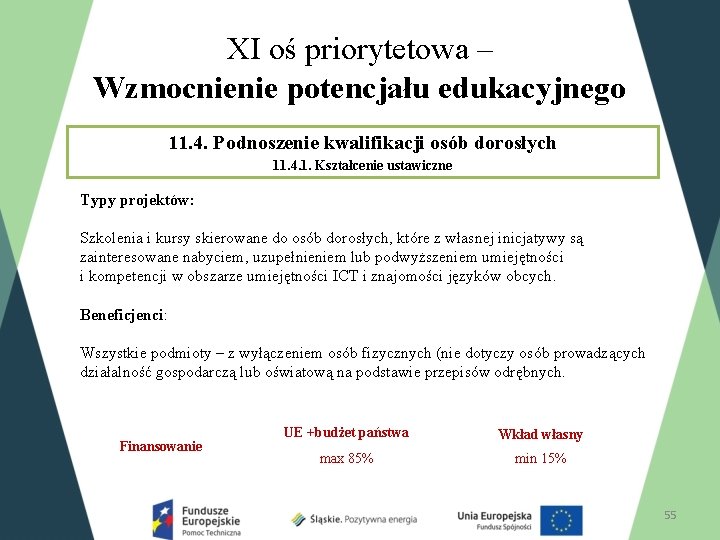 XI oś priorytetowa – Wzmocnienie potencjału edukacyjnego 11. 4. Podnoszenie kwalifikacji osób dorosłych 11.