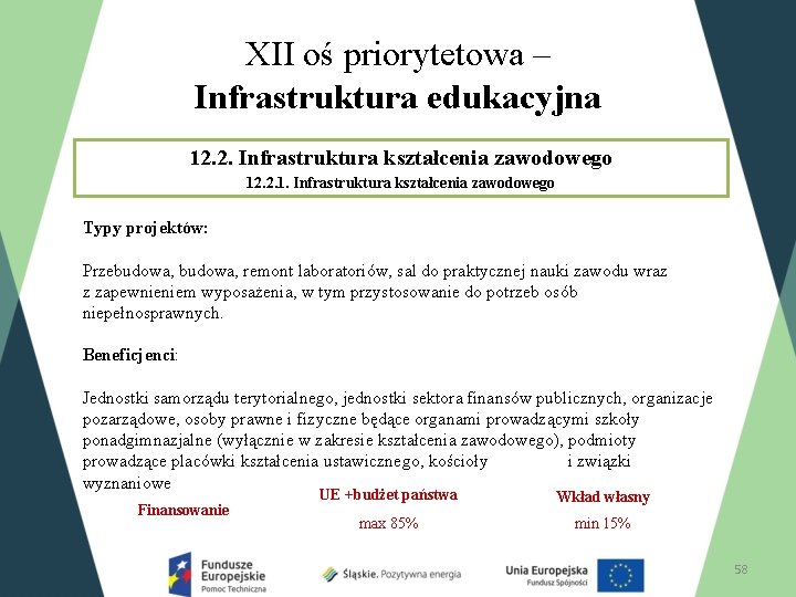 XII oś priorytetowa – Infrastruktura edukacyjna 12. 2. Infrastruktura kształcenia zawodowego 12. 2. 1.
