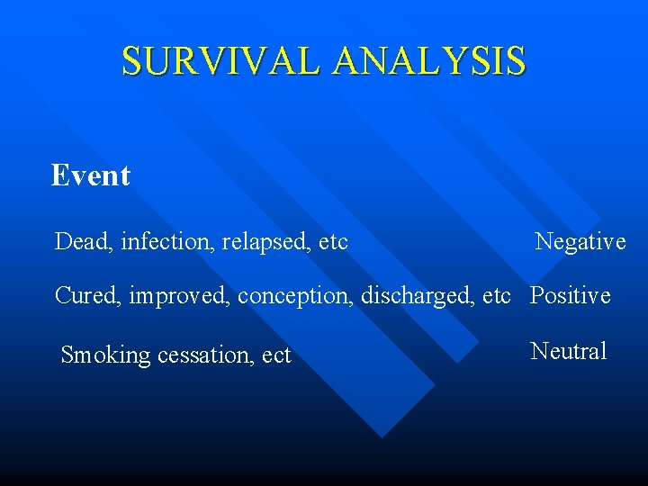 SURVIVAL ANALYSIS Event Dead, infection, relapsed, etc Negative Cured, improved, conception, discharged, etc Positive