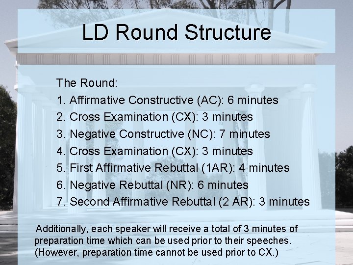 LD Round Structure The Round: 1. Affirmative Constructive (AC): 6 minutes 2. Cross Examination