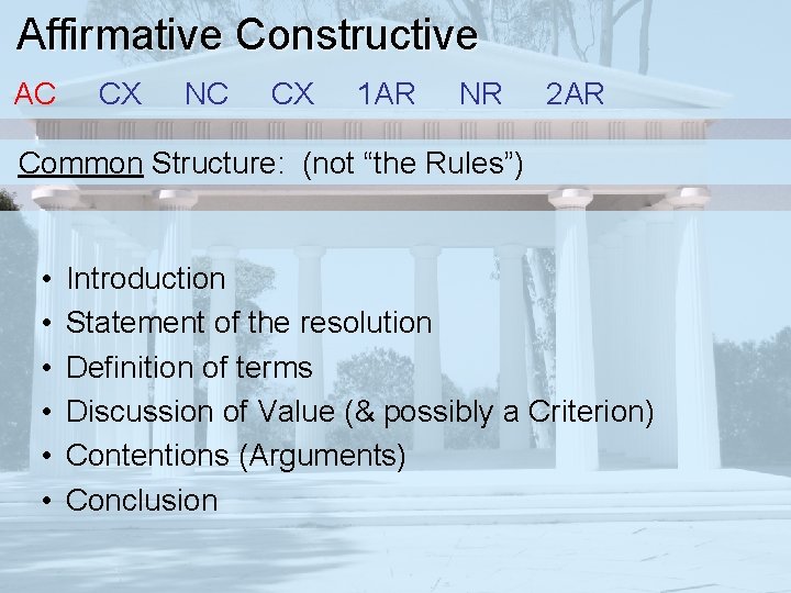 Affirmative Constructive AC CX NC CX 1 AR NR 2 AR Common Structure: (not