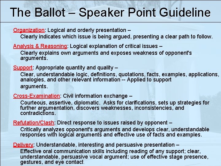 The Ballot – Speaker Point Guideline Organization: Logical and orderly presentation – Clearly indicates