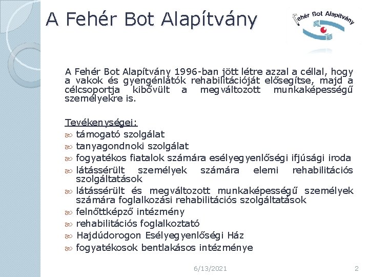 A Fehér Bot Alapítvány 1996 -ban jött létre azzal a céllal, hogy a vakok