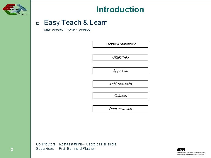 Introduction q Easy Teach & Learn Start: 01/05/02 → Finish: 01/05/04 Problem Statement Objectives
