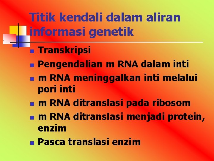 Titik kendali dalam aliran informasi genetik n n n Transkripsi Pengendalian m RNA dalam