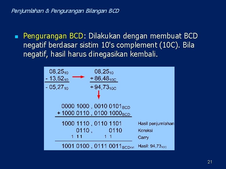 Penjumlahan & Pengurangan Bilangan BCD n Pengurangan BCD: Dilakukan dengan membuat BCD negatif berdasar