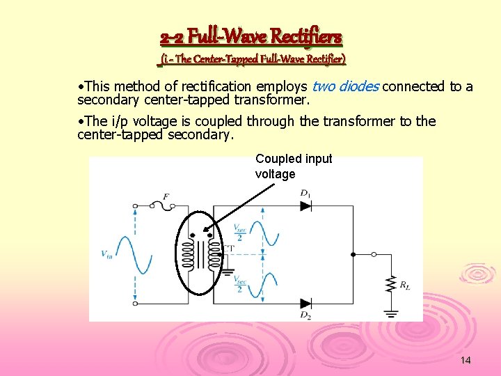 2 -2 Full-Wave Rectifiers (i - The Center-Tapped Full-Wave Rectifier) • This method of