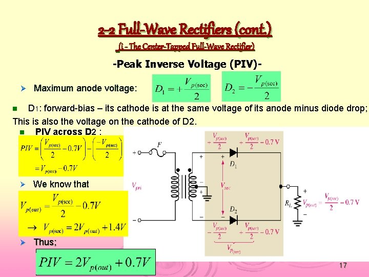 2 -2 Full-Wave Rectifiers (cont. ) (i - The Center-Tapped Full-Wave Rectifier) -Peak Inverse