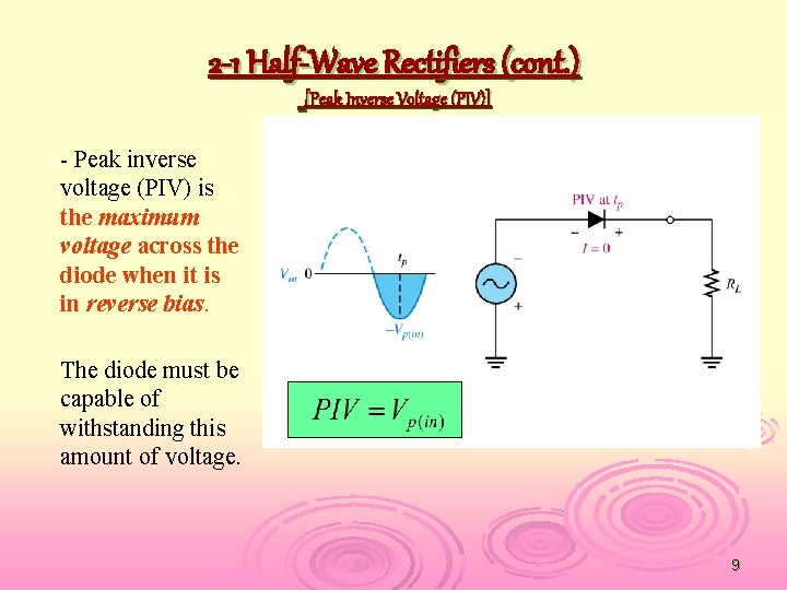 2 -1 Half-Wave Rectifiers (cont. ) [Peak Inverse Voltage (PIV)] - Peak inverse voltage