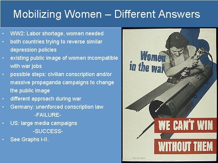 Mobilizing Women – Different Answers • • WW 2: Labor shortage, women needed •