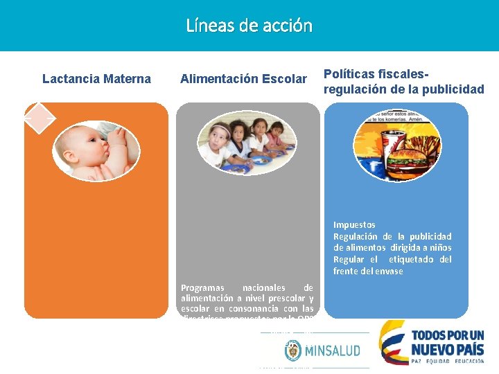 Líneas de acción Lactancia Materna Alimentación Escolar Políticas fiscalesregulación de la publicidad Impuestos Regulación