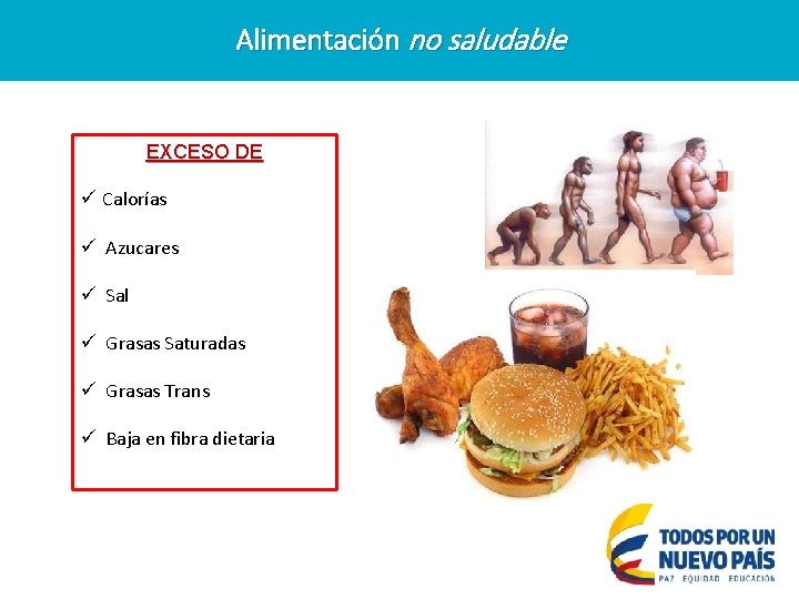 Alimentación no saludable EXCESO DE ü Calorías ü Azucares ü Sal ü Grasas Saturadas