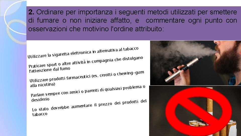 2. Ordinare per importanza i seguenti metodi utilizzati per smettere di fumare o non