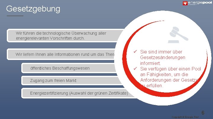 Gesetzgebung Wir führen die technologische Überwachung aller energierelevanten Vorschriften durch. Wir liefern Ihnen alle