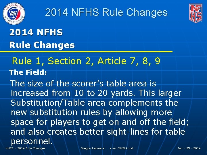 2014 NFHS Rule Changes Rule 1, Section 2, Article 7, 8, 9 The Field: