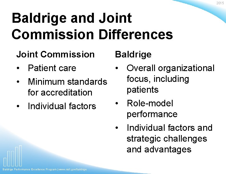 2015 Baldrige and Joint Commission Differences Joint Commission Baldrige • Patient care • Overall