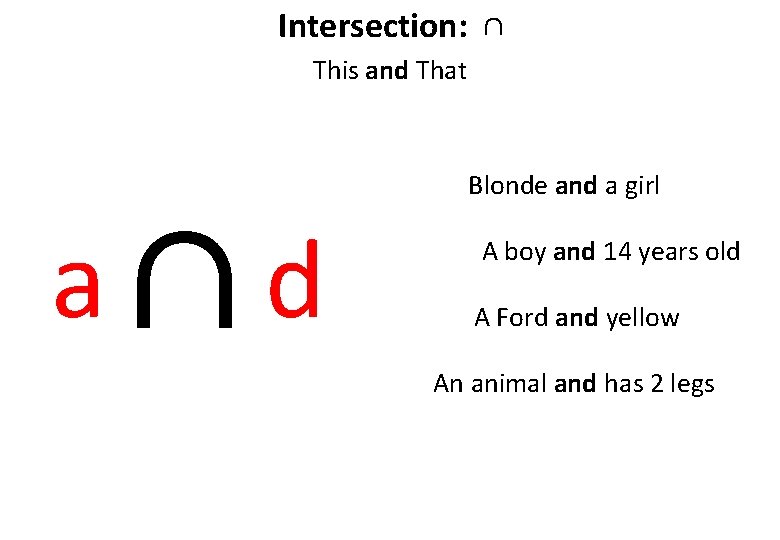 Intersection: ∩ This and That a ∩ Blonde and a girl d A boy