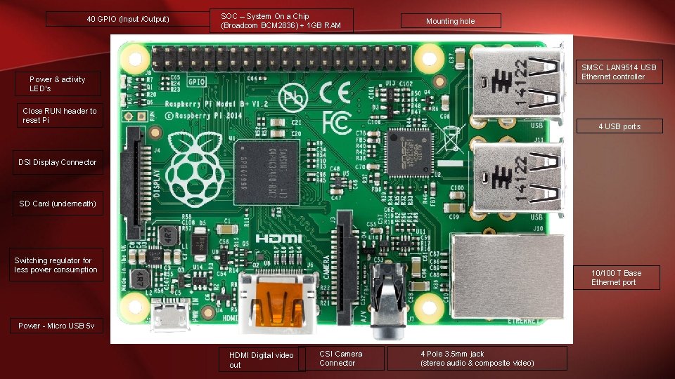 40 GPIO (Input /Output) SOC – System On a Chip (Broadcom BCM 2836) +