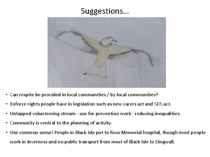 Suggestions… • Can respite be provided in local communities / by local communities? •