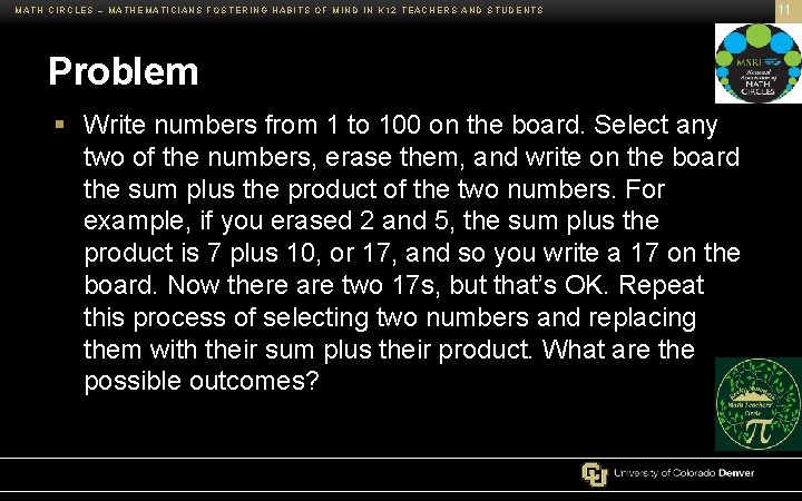 MATH CIRCLES – MATHEMATICIANS FOSTERING HABITS OF MIND IN K 12 TEACHERS AND STUDENTS