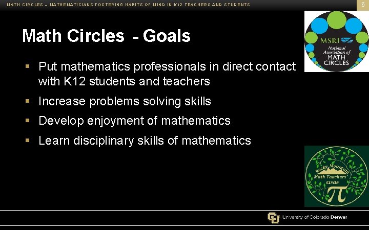 MATH CIRCLES – MATHEMATICIANS FOSTERING HABITS OF MIND IN K 12 TEACHERS AND STUDENTS