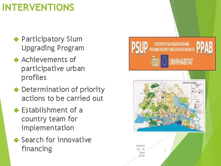 INTERVENTIONS Participatory Slum Upgrading Program Achievements of participative urban profiles Determination of priority actions