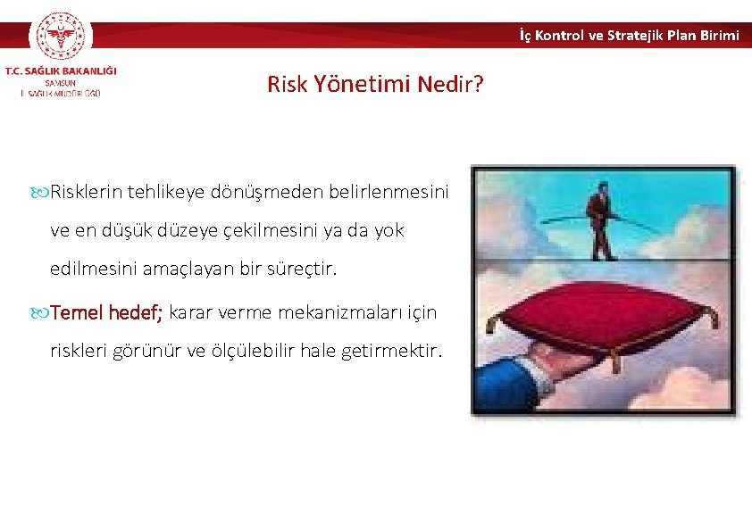 İç Kontrol ve Stratejik Plan Birimi Risk Yönetimi Nedir? Risklerin tehlikeye dönüşmeden belirlenmesini ve