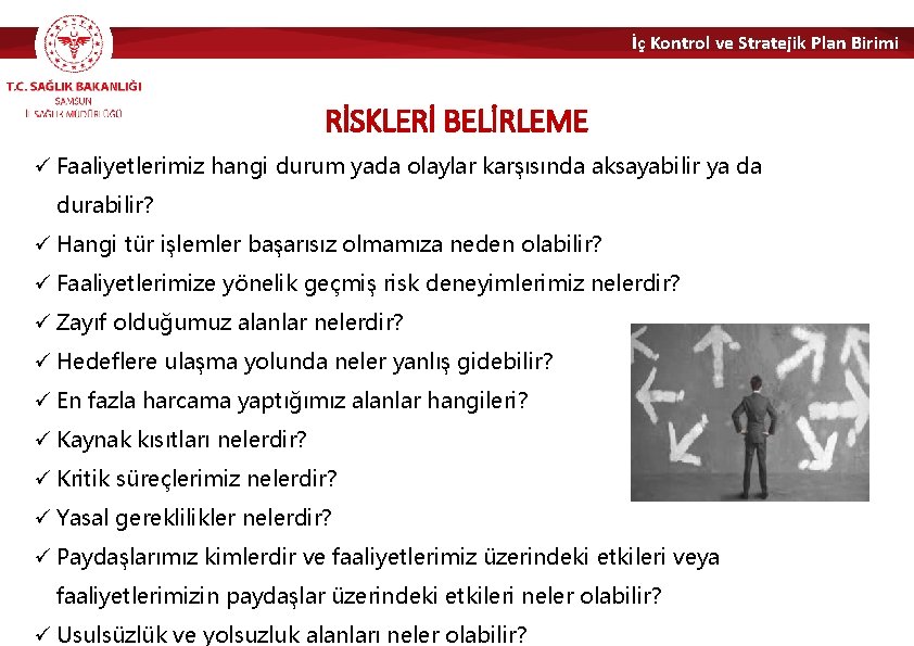 İç Kontrol ve Stratejik Plan Birimi RİSKLERİ BELİRLEME ü Faaliyetlerimiz hangi durum yada olaylar