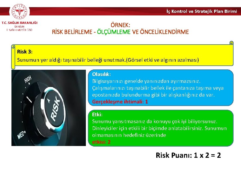 İç Kontrol ve Stratejik Plan Birimi ÖRNEK: RİSK BELİRLEME - ÖLÇÜMLEME VE ÖNCELİKLENDİRME Risk