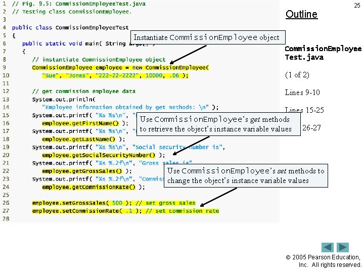 Outline 25 Instantiate Commission. Employee object Commission. Employee Test. java (1 of 2) Lines