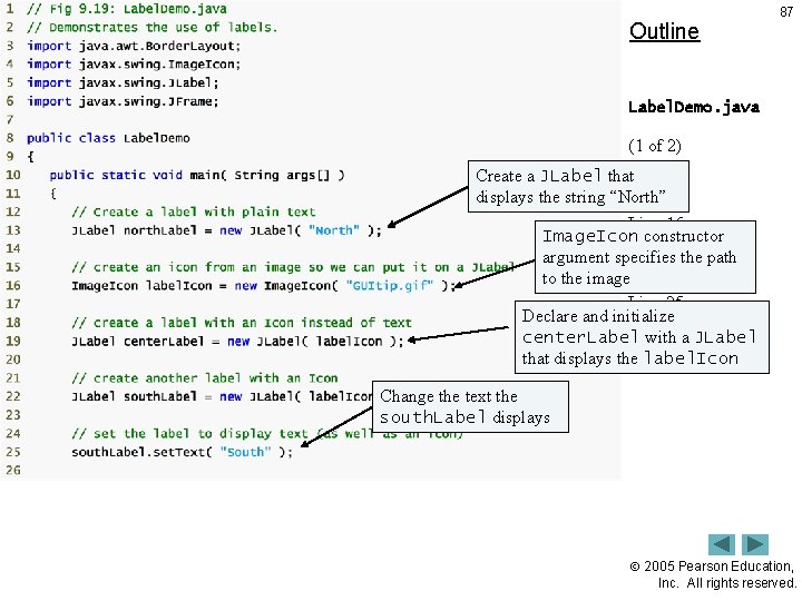 Outline 87 Label. Demo. java (1 of 2) Create a JLabel that Line 13