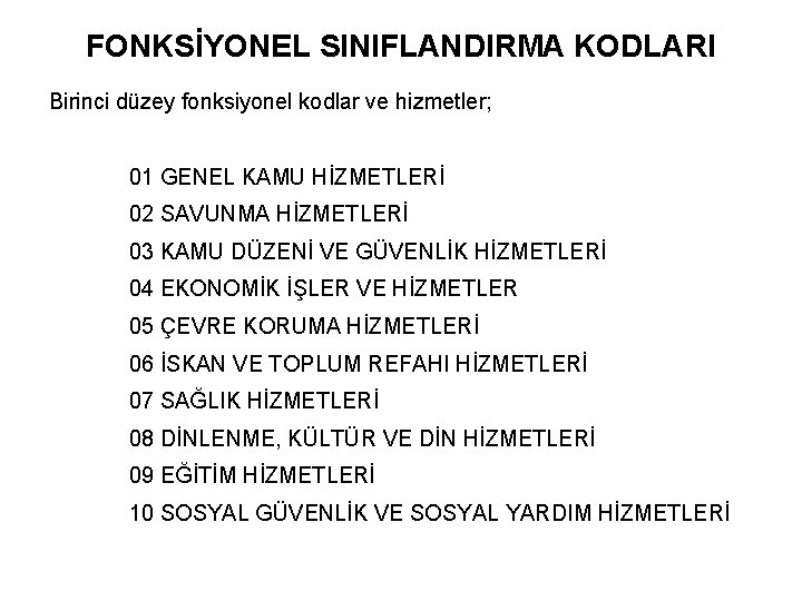 FONKSİYONEL SINIFLANDIRMA KODLARI Birinci düzey fonksiyonel kodlar ve hizmetler; 01 GENEL KAMU HİZMETLERİ 02