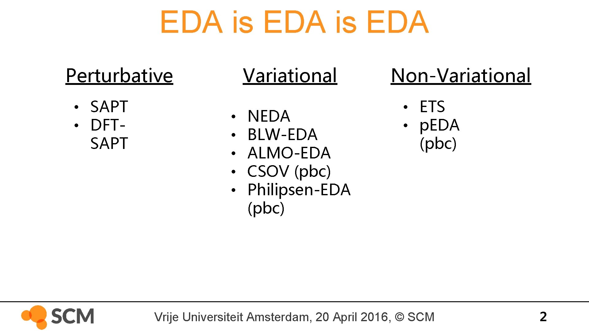 EDA is EDA Perturbative • SAPT • DFTSAPT Variational • • • NEDA BLW-EDA