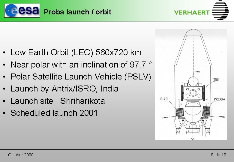 Proba launch / orbit • • • Low Earth Orbit (LEO) 560 x 720