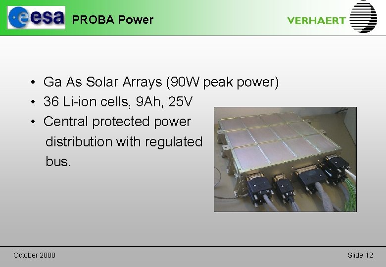 PROBA Power • Ga As Solar Arrays (90 W peak power) • 36 Li-ion