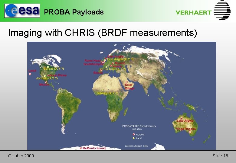 PROBA Payloads Imaging with CHRIS (BRDF measurements) October 2000 Slide 18 