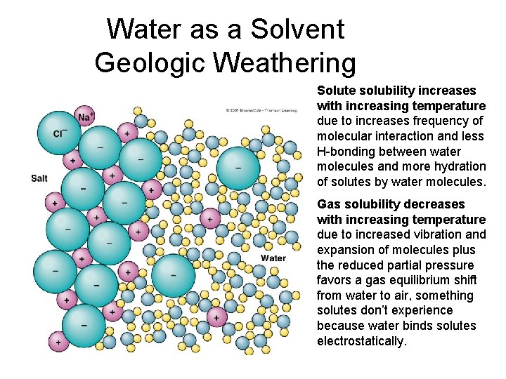 Water as a Solvent Geologic Weathering Solute solubility increases with increasing temperature due to