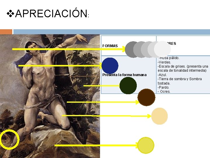 v. APRECIACIÓN: FORMAS Presenta la forma humana COLORES -Rosa pálido. -Verdes. -Escala de grises.