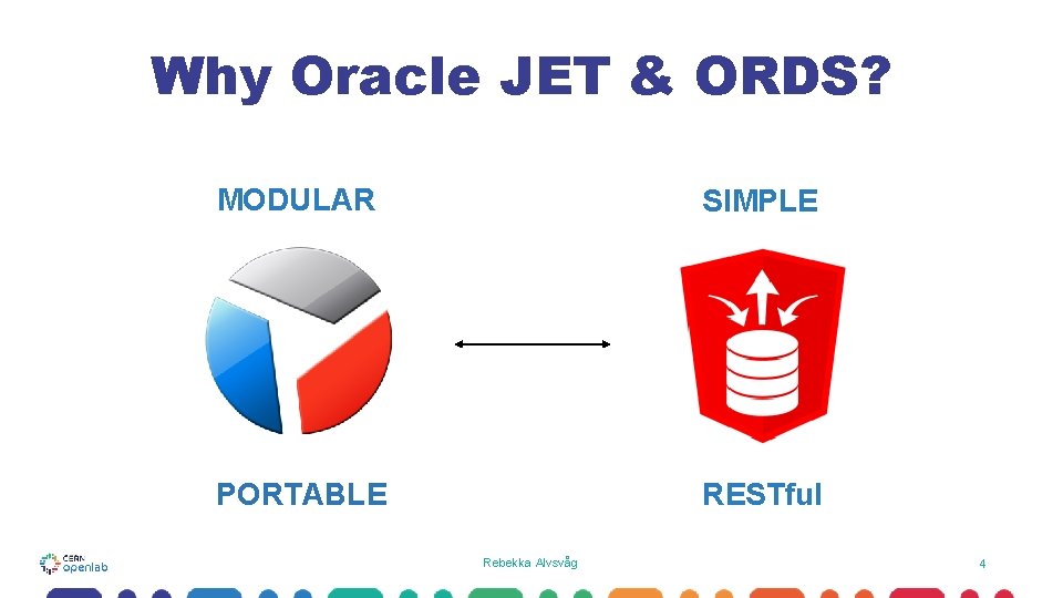 Why Oracle JET & ORDS? MODULAR SIMPLE PORTABLE RESTful Rebekka Alvsvåg 4 Why Oracle JET & ORDS? MODULAR SIMPLE PORTABLE RESTful Rebekka Alvsvåg 4