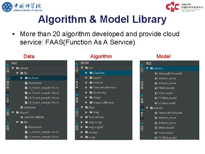 Algorithm & Model Library • More than 20 algorithm developed and provide cloud service: