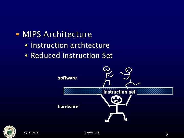 § MIPS Architecture Instruction archtecture Reduced Instruction Set software instruction set hardware 6/13/2021 CMPUT