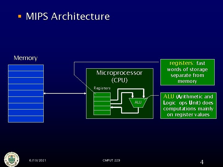 § MIPS Architecture Memory registers: fast Microprocessor (CPU) Registers ALU 6/13/2021 CMPUT 229 words