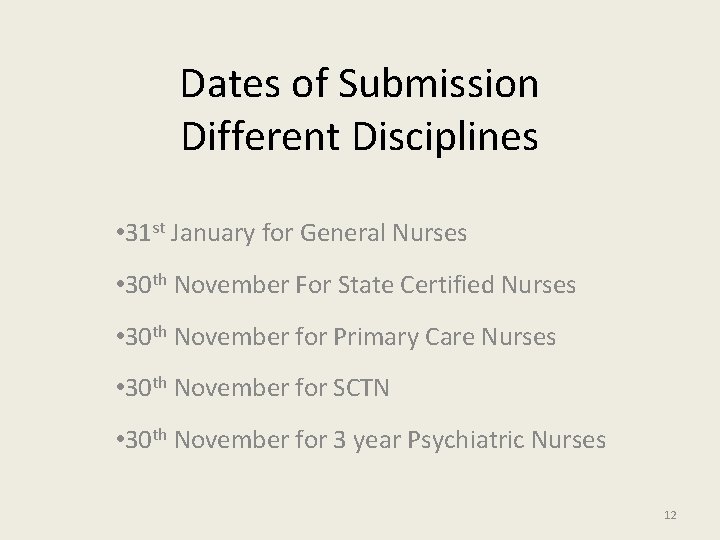 Dates of Submission Different Disciplines • 31 st January for General Nurses • 30