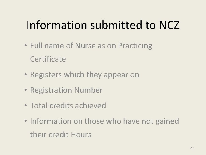 Information submitted to NCZ • Full name of Nurse as on Practicing Certificate •