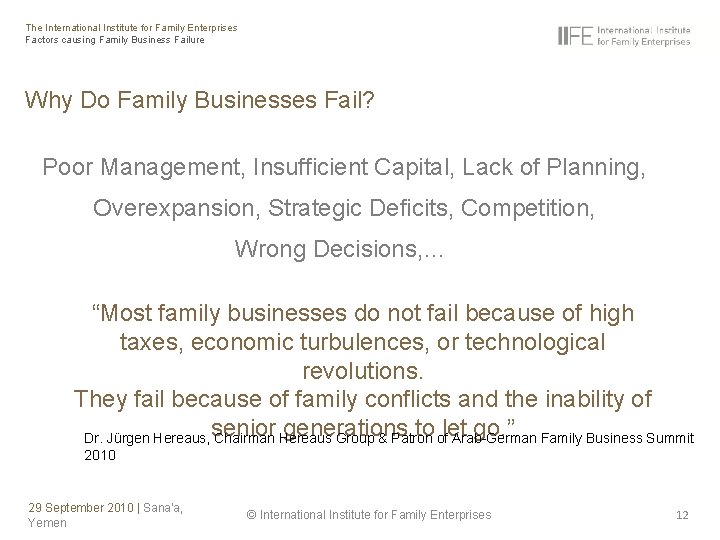 The International Institute for Family Enterprises Factors causing Family Business Failure Why Do Family