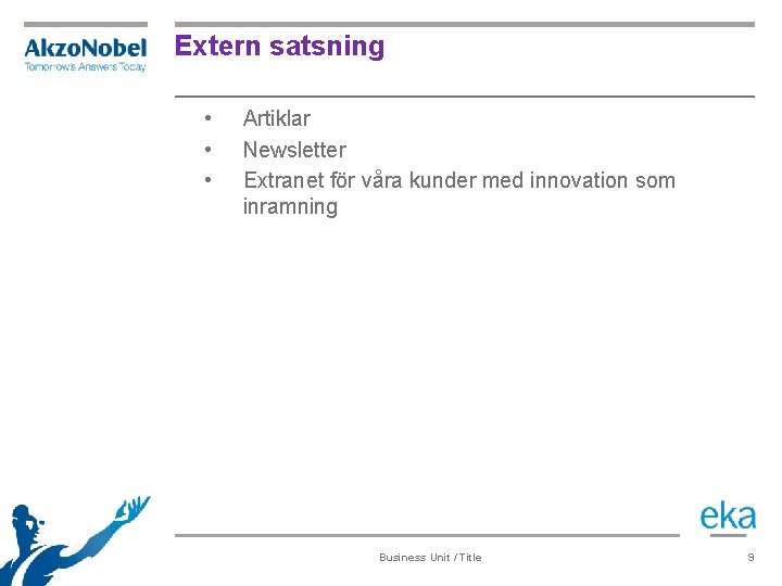 Extern satsning • • • Artiklar Newsletter Extranet för våra kunder med innovation som