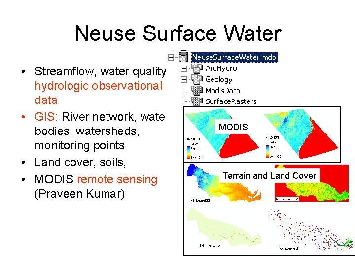 Neuse Surface Water • Streamflow, water quality hydrologic observational data • GIS: River network,